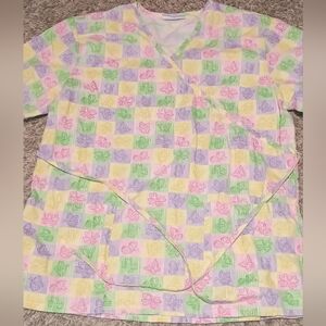 Women's Scrub Top Size Large Color Green Pink Medical Nurse Hospital Emergency